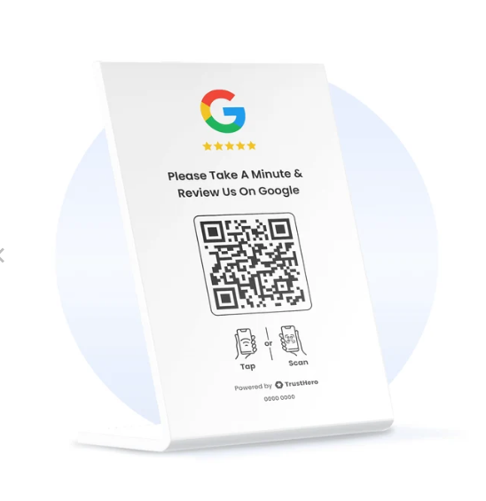 Bijeli akrilni NFC i QR stalak za Google recenzije White Pure Edition